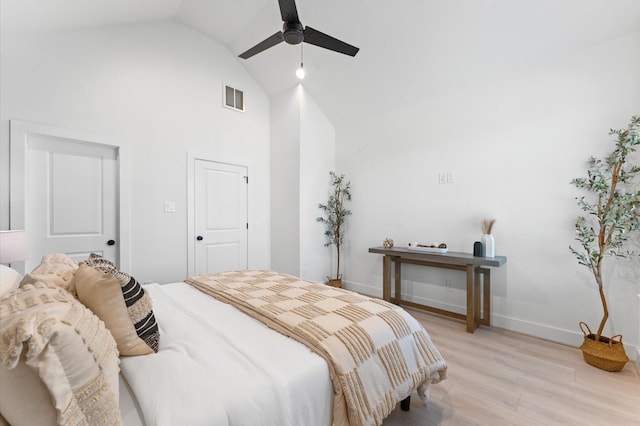 1941 Johanna Dr, Houston, TX 77055 - bedroom featuring high vaulted ceiling, light wood-style flooring, baseboards, and ceiling fan