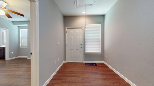 2405 Dolly Wright St, Houston, TX 77088 - foyer entrance featuring ceiling fan, dark wood finished floors, and baseboards