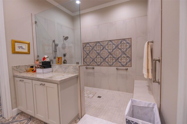 10614 Moonlight Dr, Houston, TX 77096 - bathroom with a walk in shower, crown molding, and vanity