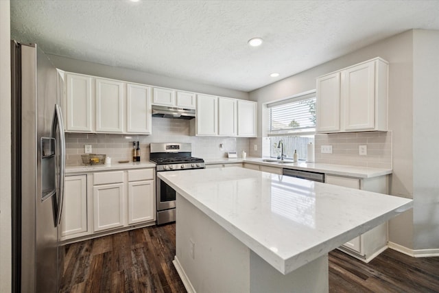 21326 Wildcroft Dr, Katy, TX 77449 - kitchen with stainless steel appliances, under cabinet range hood, dark wood finished floors, decorative backsplash, and a textured ceiling