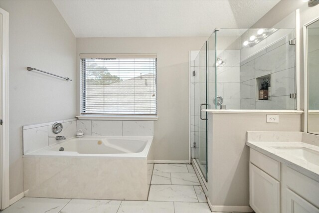 21326 Wildcroft Dr, Katy, TX 77449 - bathroom featuring marble look tile flooring, vanity, a garden tub, and a shower stall