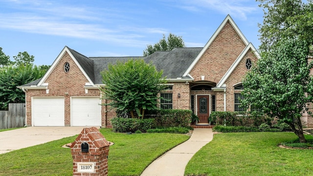 18107 Hampton Oak Dr, Spring, TX 77379 - tudor-style house with concrete driveway, brick siding, roof with shingles, and a garage