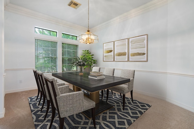 18107 Hampton Oak Dr, Spring, TX 77379 - dining area featuring carpet floors, a chandelier, and ornamental molding