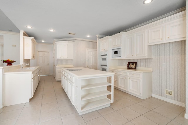 18107 Hampton Oak Dr, Spring, TX 77379 - kitchen with wallpapered walls, open shelves, white appliances, light tile patterned flooring, and crown molding