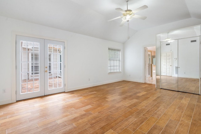 18107 Hampton Oak Dr, Spring, TX 77379 - unfurnished bedroom featuring french doors, vaulted ceiling, light wood-style flooring, access to exterior, and a ceiling fan