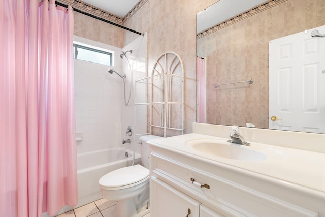 18107 Hampton Oak Dr, Spring, TX 77379 - bathroom featuring vanity, shower / tub combo with curtain, tile patterned floors, and wallpapered walls