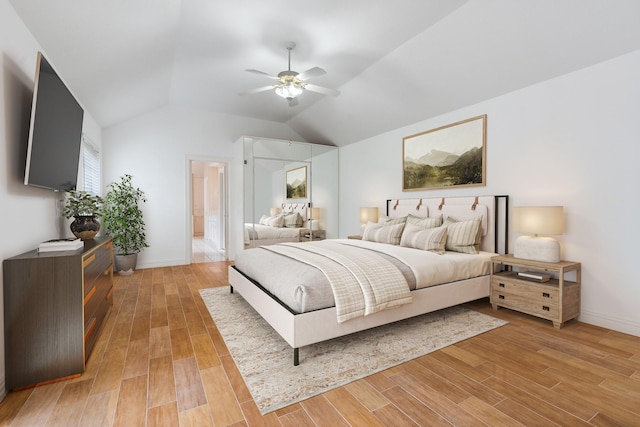 18107 Hampton Oak Dr, Spring, TX 77379 - bedroom featuring light wood finished floors, lofted ceiling, and ceiling fan