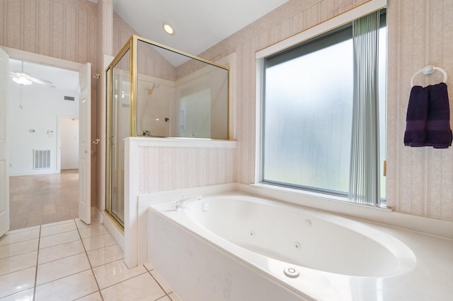 18107 Hampton Oak Dr, Spring, TX 77379 - bathroom with wallpapered walls, a tub with jets, a stall shower, tile patterned floors, and a ceiling fan