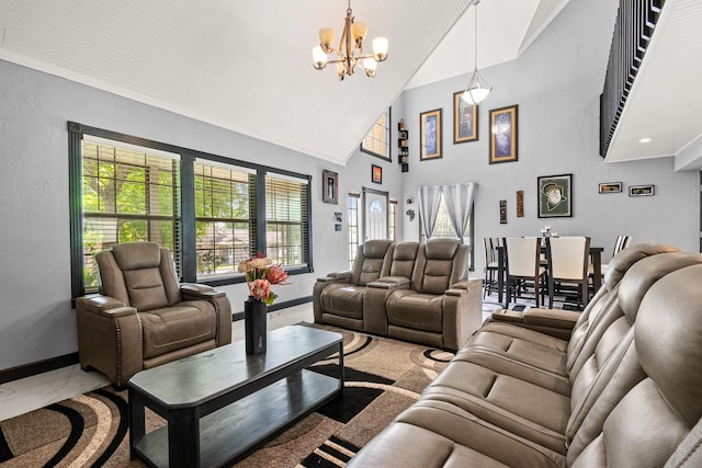 20 Clearview St, Point Blank, TX 77364 - living room with marble finish flooring, a chandelier, baseboards, and high vaulted ceiling