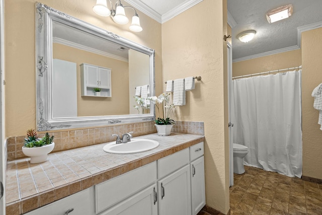 20 Clearview St, Point Blank, TX 77364 - bathroom with toilet, vanity, crown molding, a textured wall, and backsplash