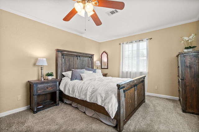 20 Clearview St, Point Blank, TX 77364 - bedroom featuring ornamental molding, light colored carpet, baseboards, and ceiling fan