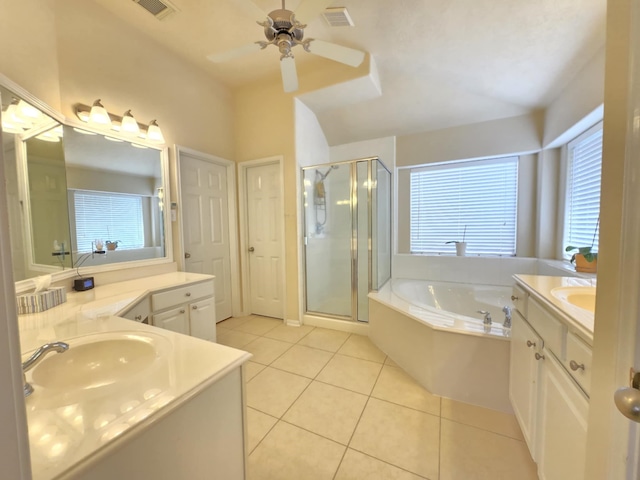 17427 N Riata Lake Dr, Cypress, TX 77433 - bathroom with a shower stall, a garden tub, tile patterned floors, two vanities, and a ceiling fan