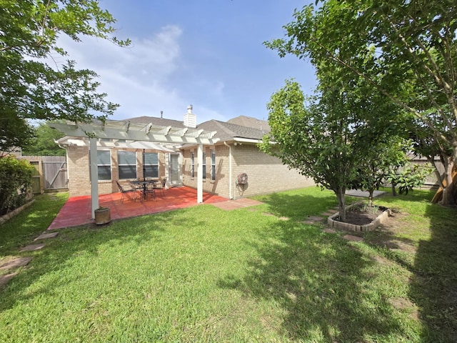 17427 N Riata Lake Dr, Cypress, TX 77433 - rear view of property featuring a pergola, brick siding, a patio area, and a chimney