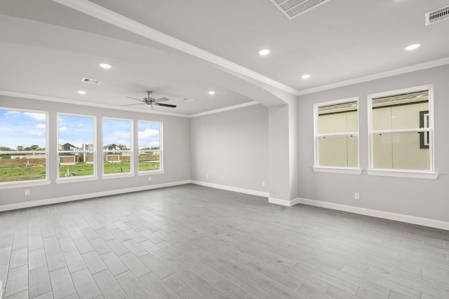 3022 Ventas Dr, Houston, TX 77047 - unfurnished room featuring ornamental molding, baseboards, recessed lighting, wood finished floors, and a ceiling fan