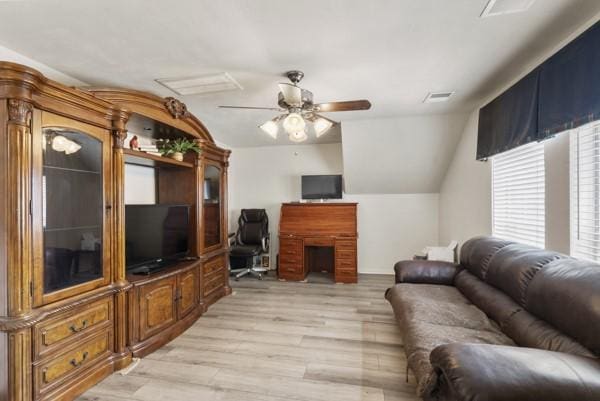 23706 River Place Dr, Katy, TX 77494 - living room featuring light wood-style floors, lofted ceiling, a desk, and a ceiling fan
