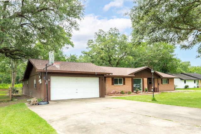 6915 Oak Bend Dr, Alvin, TX 77511 - ranch-style house with an attached garage, driveway, roof with shingles, and a chimney