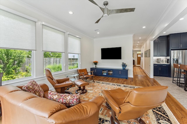 523 W 15th St, Houston, TX 77008 - living room with light wood-style flooring, a ceiling fan, crown molding, and recessed lighting