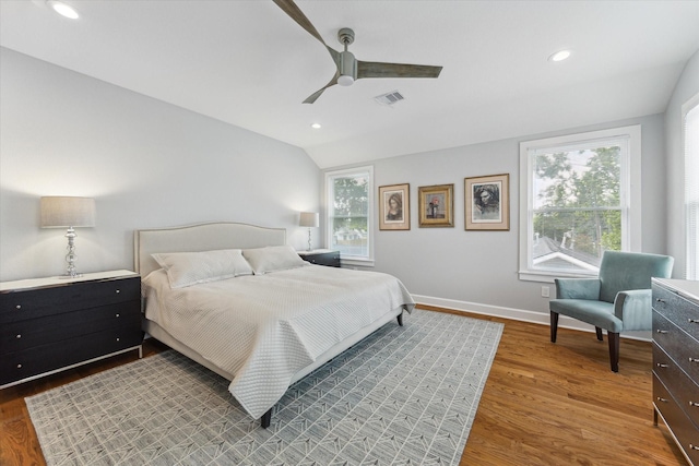 523 W 15th St, Houston, TX 77008 - bedroom featuring vaulted ceiling, light wood finished floors, recessed lighting, and a ceiling fan