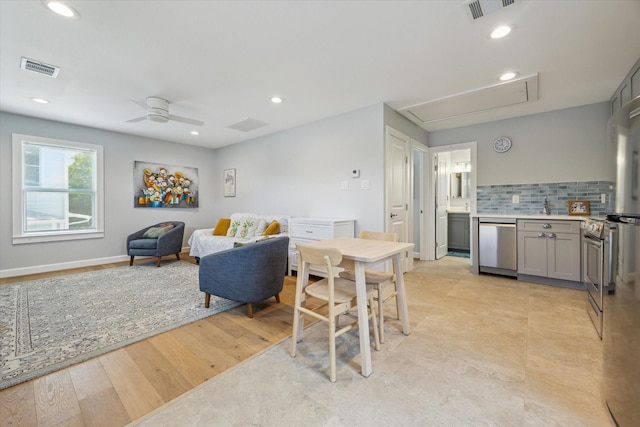 523 W 15th St, Houston, TX 77008 - dining area with attic access, ceiling fan, and recessed lighting
