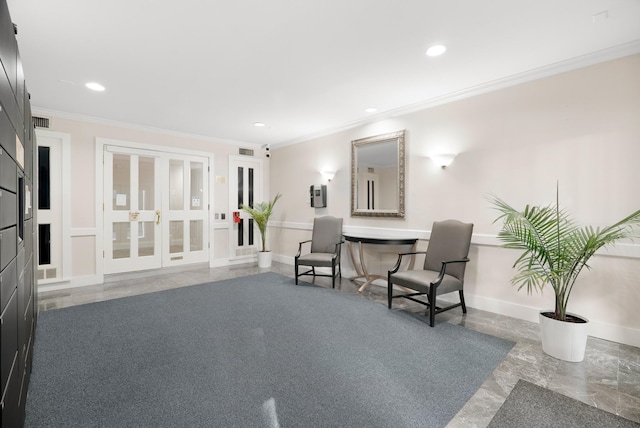 355 N Post Oak Ln Unit 743, Houston, TX 77024 - sitting room with crown molding, recessed lighting, baseboards, and french doors