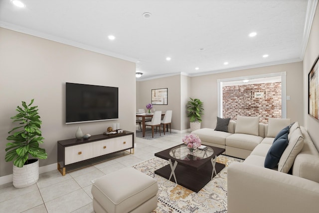 355 N Post Oak Ln Unit 743, Houston, TX 77024 - living area featuring recessed lighting, crown molding, baseboards, and light tile patterned floors