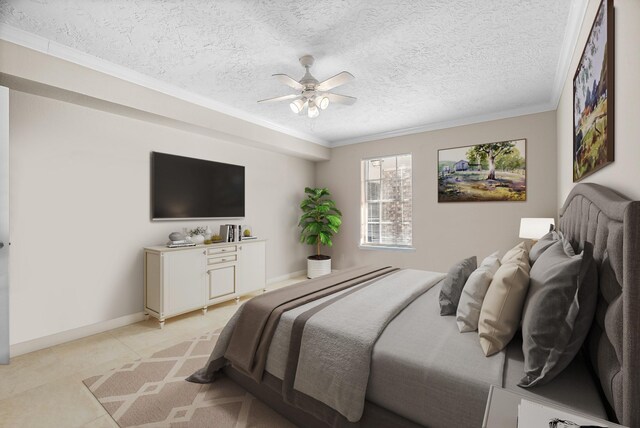 355 N Post Oak Ln Unit 743, Houston, TX 77024 - bedroom with ornamental molding, a textured ceiling, a ceiling fan, baseboards, and light tile patterned flooring