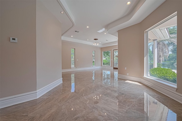 8522 Haven Trl, Tomball, TX 77375 - empty room with marble tiled floors, baseboards, recessed lighting, and a raised ceiling