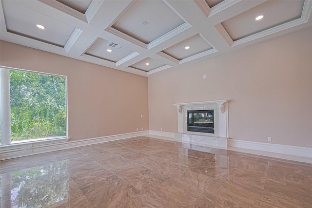 8522 Haven Trl, Tomball, TX 77375 - unfurnished living room featuring coffered ceiling, marble tiled floors, a premium fireplace, baseboards, and recessed lighting