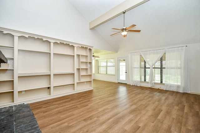 16323 Elmwood Point Ln, Sugar Land, TX 77498 - unfurnished living room with a ceiling fan, light wood-style floors, beam ceiling, high vaulted ceiling, and baseboards