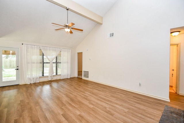 16323 Elmwood Point Ln, Sugar Land, TX 77498 - unfurnished living room featuring high vaulted ceiling, a ceiling fan, light wood-style floors, beamed ceiling, and healthy amount of natural light
