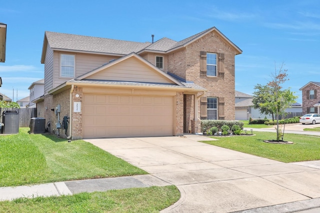 16531 Silla Ridge Ct, Houston, TX 77049 - traditional-style home featuring brick siding, central air condition unit, concrete driveway, and a garage