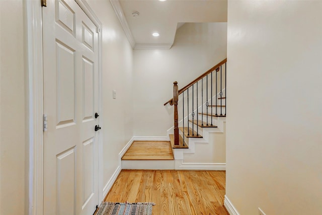 1529 Rosewood St, Houston, TX 77004 - foyer with wood finished floors, ornamental molding, baseboards, and stairs