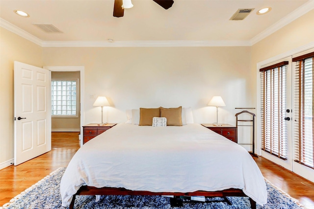 1529 Rosewood St, Houston, TX 77004 - bedroom with ornamental molding, light wood finished floors, baseboards, recessed lighting, and a ceiling fan