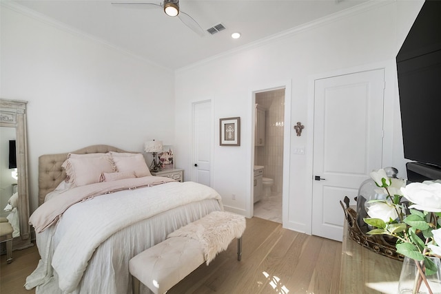 11303 Flying Admiral Dr, Cypress, TX 77433 - bedroom with ornamental molding, light wood-style flooring, connected bathroom, recessed lighting, and ceiling fan
