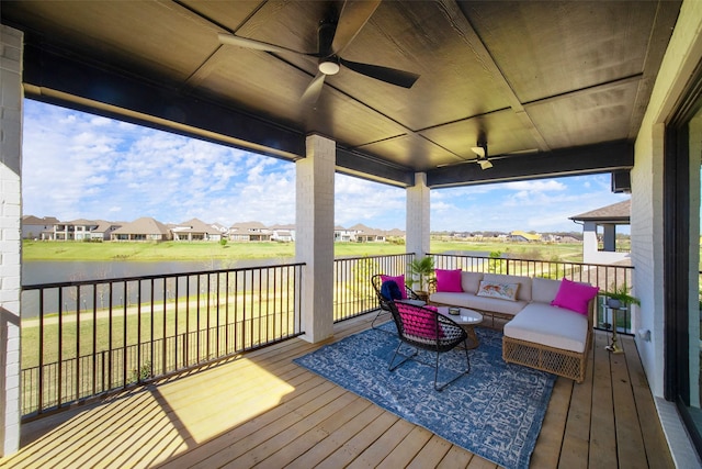 11303 Flying Admiral Dr, Cypress, TX 77433 - wooden terrace featuring outdoor lounge area, ceiling fan, a residential view, and a water view