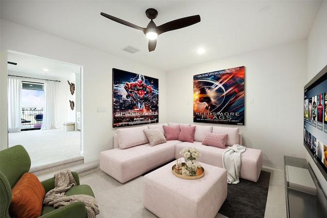 11303 Flying Admiral Dr, Cypress, TX 77433 - living area featuring carpet, a ceiling fan, baseboards, and recessed lighting