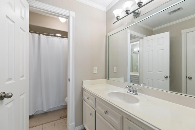 6914 Kelsey Rae Ct, Houston, TX 77069 - bathroom featuring vanity, tile patterned floors, toilet, crown molding, and a shower with curtain