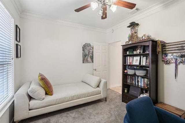 14 Carmel Chase Ct, Manvel, TX 77578 - living area featuring ornamental molding, carpet flooring, and a ceiling fan