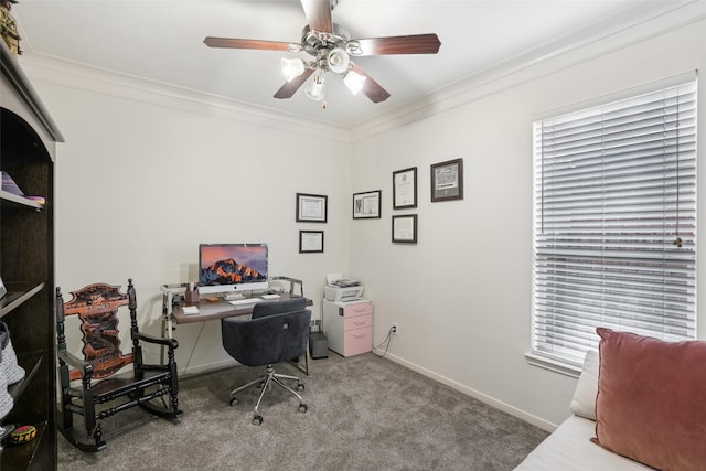 14 Carmel Chase Ct, Manvel, TX 77578 - carpeted office with ornamental molding, a ceiling fan, and baseboards