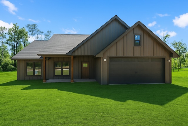 190 Faulkner Ave, Coldspring, TX 77331 - view of front facade featuring board and batten siding, a front lawn, a shingled roof, and driveway