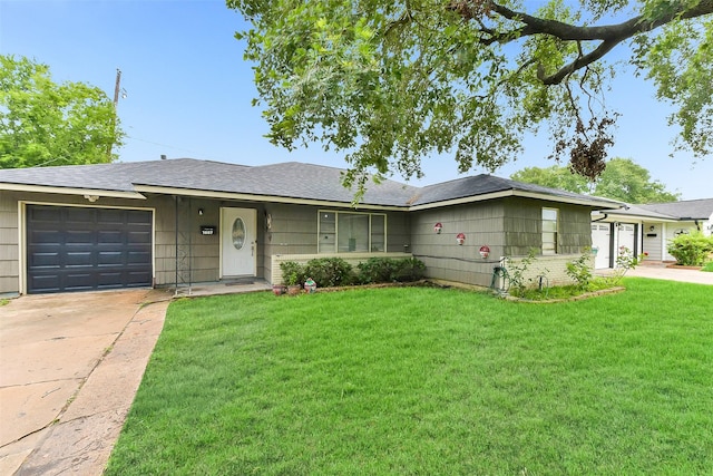 1607 Beusch Dr, Pasadena, TX 77502 - ranch-style home with a garage, concrete driveway, a front lawn, and roof with shingles