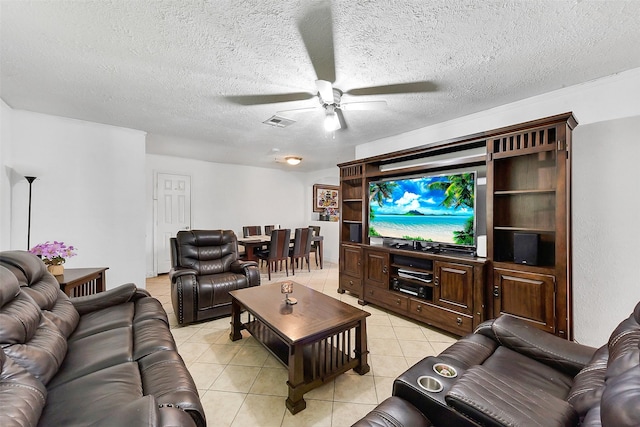 1607 Beusch Dr, Pasadena, TX 77502 - living room with ceiling fan, light tile patterned floors, and a textured ceiling