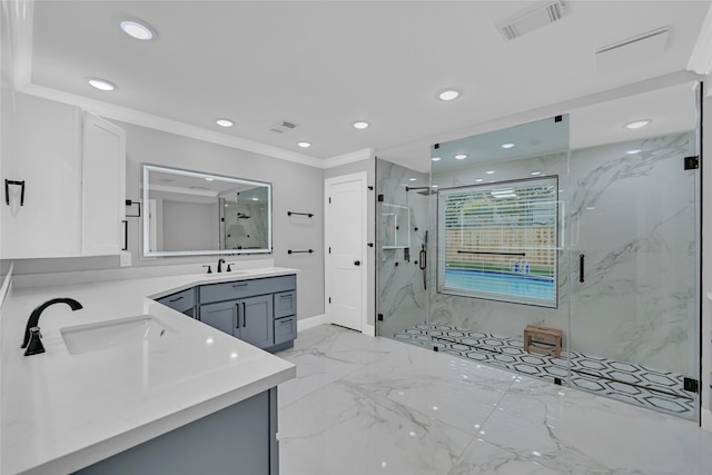 5122 Braesheather Dr, Houston, TX 77096 - bathroom with a marble finish shower, double vanity, crown molding, marble tiled flooring, and recessed lighting