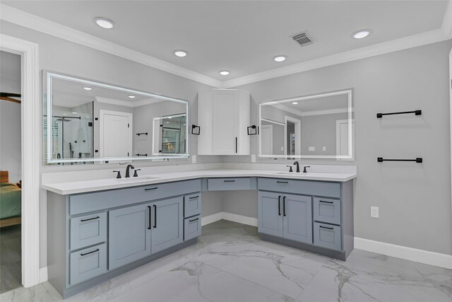 5122 Braesheather Dr, Houston, TX 77096 - bathroom with marble finish floors, recessed lighting, a shower stall, double vanity, and crown molding