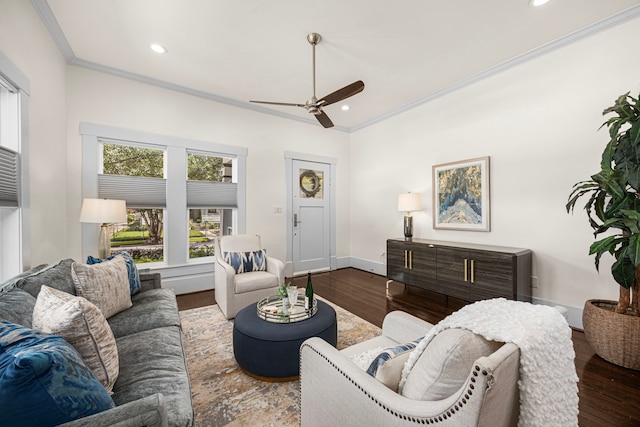 826 Omar St, Houston, TX 77009 - living area featuring ornamental molding, ceiling fan, recessed lighting, and wood finished floors