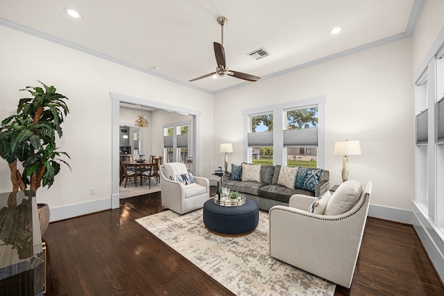 826 Omar St, Houston, TX 77009 - living room with crown molding, ceiling fan, dark wood finished floors, and recessed lighting