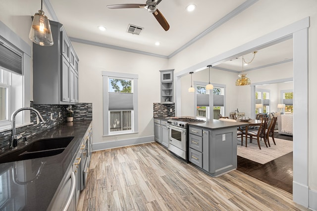 826 Omar St, Houston, TX 77009 - kitchen featuring high end stove, gray cabinetry, crown molding, plenty of natural light, and a peninsula