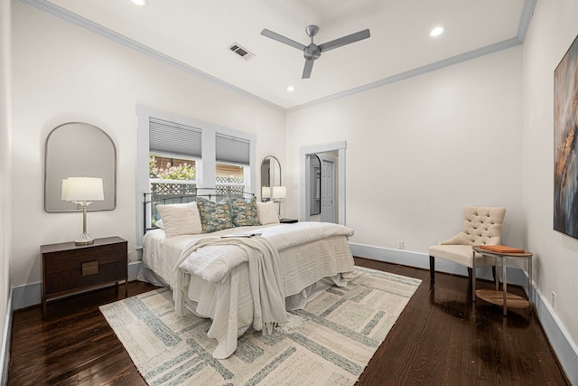 826 Omar St, Houston, TX 77009 - bedroom with ornamental molding, dark wood-style flooring, recessed lighting, and ceiling fan