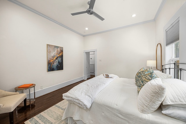 826 Omar St, Houston, TX 77009 - bedroom featuring crown molding, wood finished floors, recessed lighting, and ceiling fan