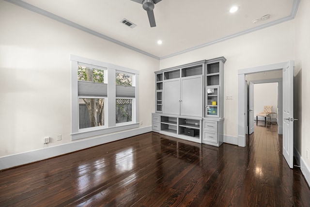 826 Omar St, Houston, TX 77009 - interior space with ceiling fan, ornamental molding, dark wood-type flooring, and recessed lighting